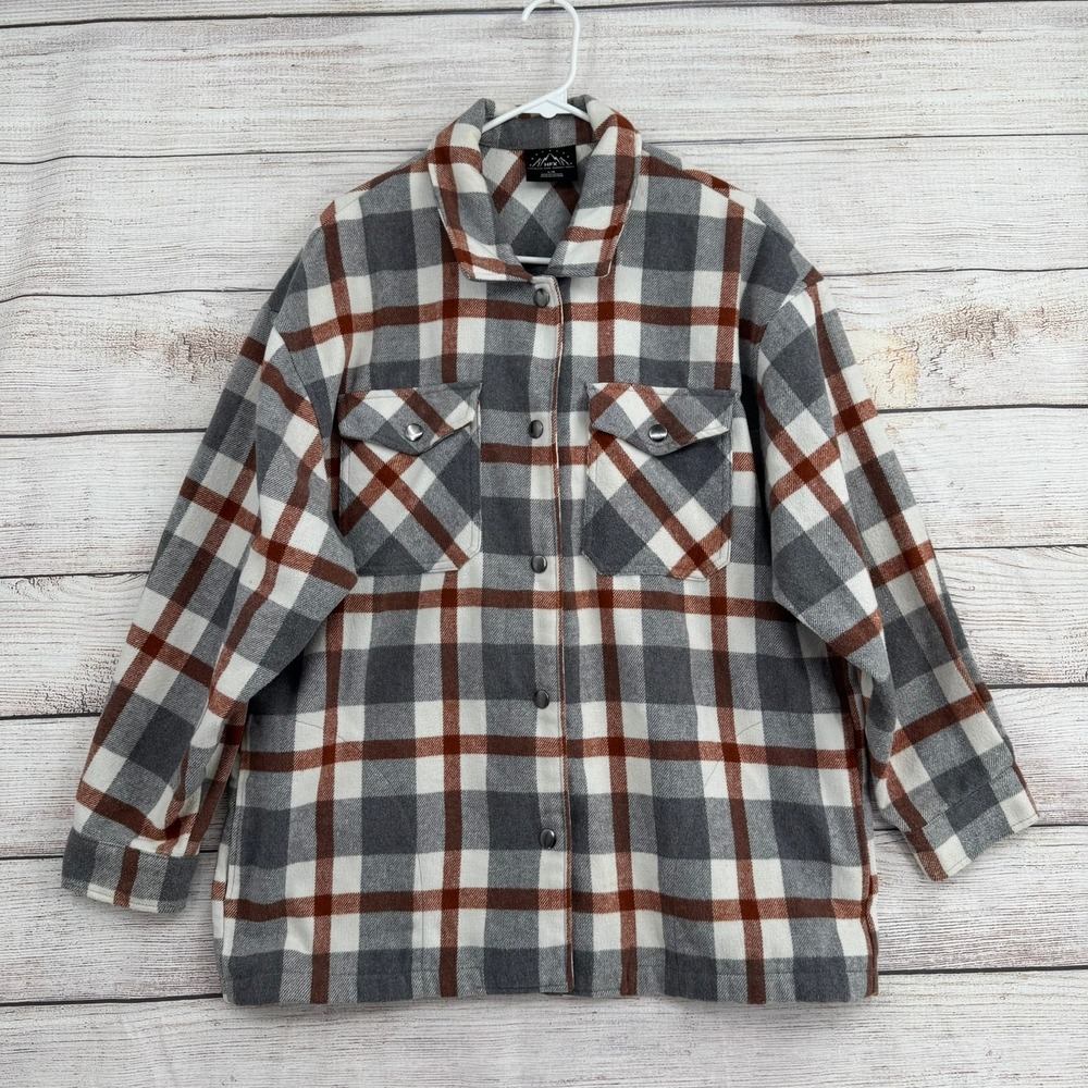 HFX Plaid Shacket Women Size L Grey Rust Orange Snap Button Heavy Shirt Jacket